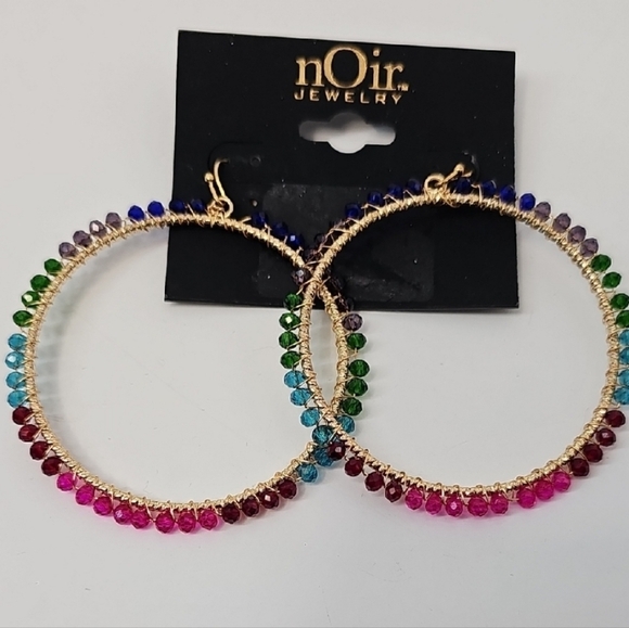 Noir Sparkly Crystal Multicolored Hoop Drop  Earrings - Picture 3 of 6